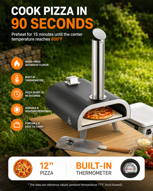 Outdoor Pizza Oven 12In Wood Fired Pellet Pizza-Stove w/ Thermometer Portable Pizza-Maker for Outside Backyard Camping