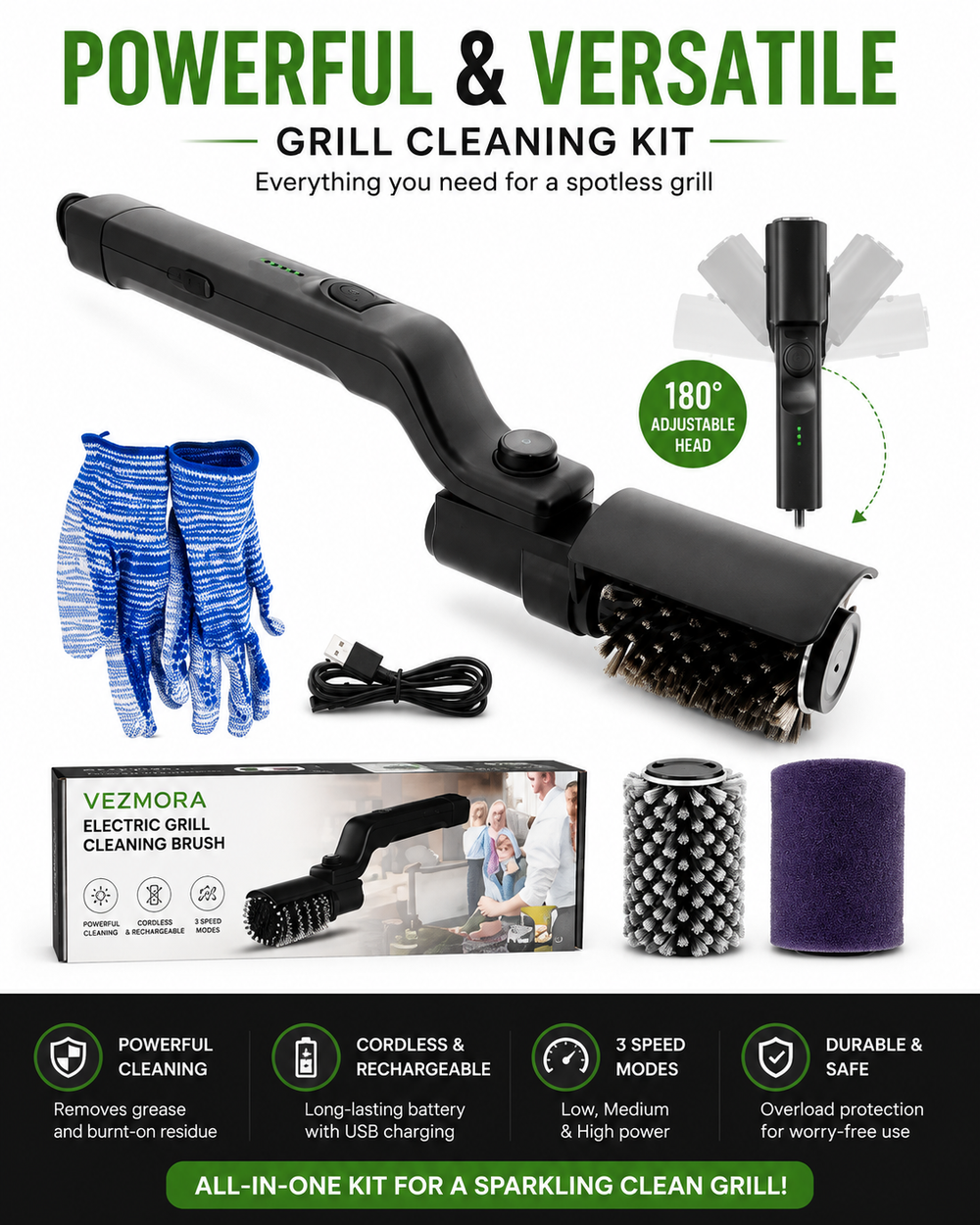 Electric Grill Brush, Multifunctional High Torque Grill Brush with 3-Speed Modes, 20kg Max Torque BBQ Cleaner Safe for Porcelain Cast Iron Stainless Steel, Reinforced Steel Bristles