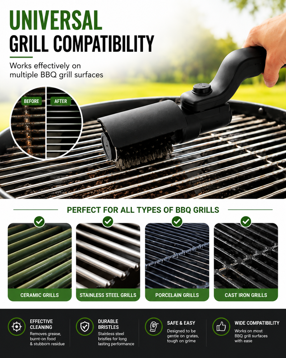 Electric Grill Brush, Multifunctional High Torque Grill Brush with 3-Speed Modes, 20kg Max Torque BBQ Cleaner Safe for Porcelain Cast Iron Stainless Steel, Reinforced Steel Bristles